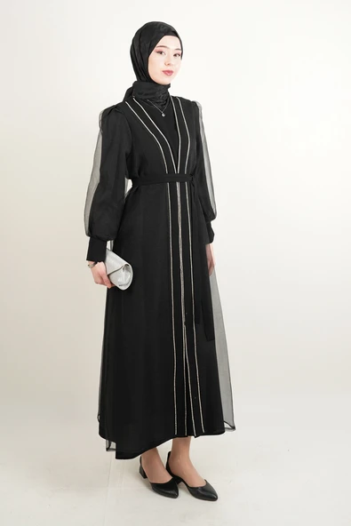Büyük Beden Abiye Ön Taş Dizi Tül Abaya Siyah - 2