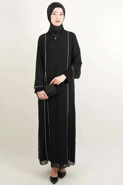 Büyük Beden Abiye Yırtmaç Detaylı 2 li Sandy Şifon Tüllü Abiye Siyah ürün görseli 1