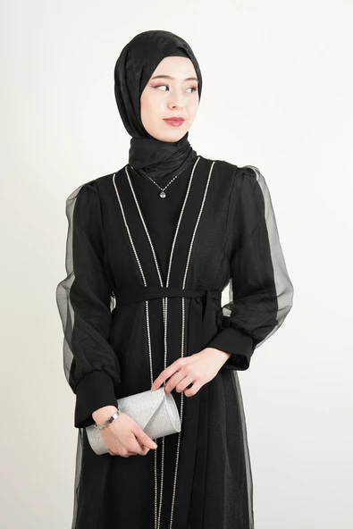 Büyük Beden Abiye Ön Taş Dizi Tül Abaya Siyah - 4