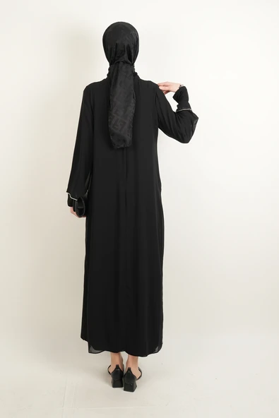 Büyük Beden Abiye Yırtmaç Detaylı 2 li Sandy Şifon Tüllü Abiye Siyah - Resim 3