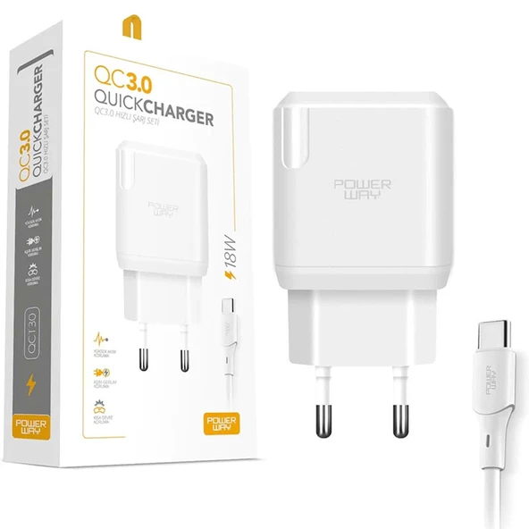 POWERWAY QCT30 3 AMPER 18W TYPE C HIZLI ŞARJ ALETİ + KABLO ürün görseli 1