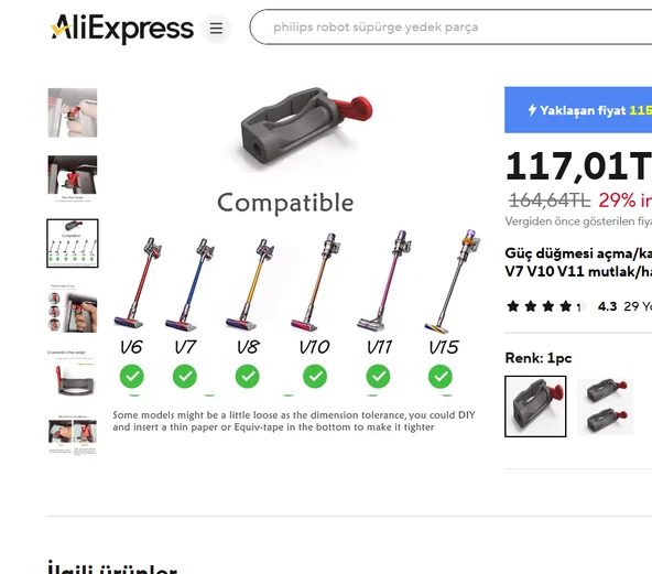 srfn ticaret Dyson Şarjlı Süpürgeleri V6 ile Uyumlu Tetik Kilidi