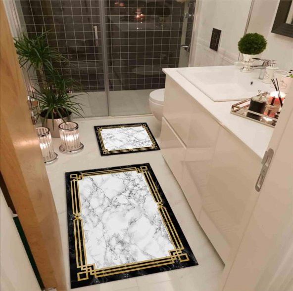 Apree Home, Royal Siyah 2li 60x100 - 50x60 Dijital Baskılı, Kaydırmaz Banyo Paspası Seti