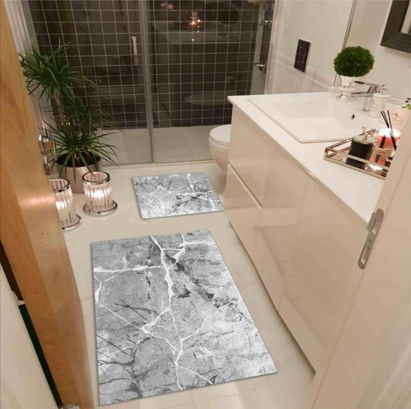 Apree Home, Granit Gri 2li 60x100 - 50x60 Dijital Baskılı, Kaydırmaz Banyo Paspası Seti