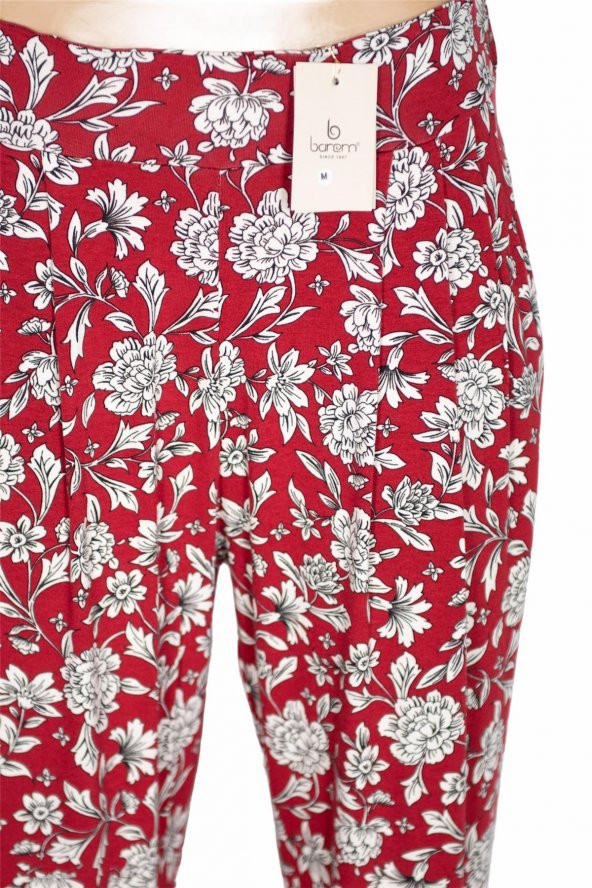Barem Kadın Şule Pileli Çiçekli Penye Kırmızı Pantolon - 2