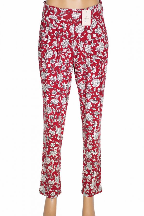 Barem Kadın Şule Pileli Çiçekli Penye Kırmızı Pantolon - 3