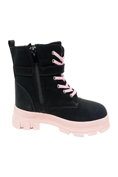 Arvento 0838F Yağlı Deri Kız Çocuk Postal Bot Siyah Pembe - 2