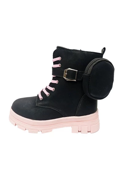 Arvento 0838F Yağlı Deri Kız Çocuk Postal Bot Siyah Pembe - 3