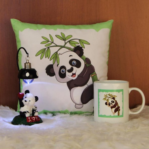 Panda Masa Lambası Panda Kupa Panda Puf Yastık Hediye Seti