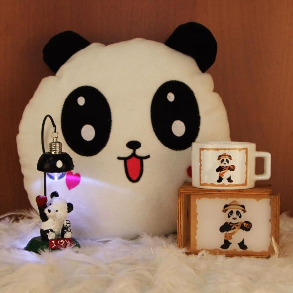 Panda Masa Lambası Panda Kutulu Kupa Peluş Yastık Hediye Seti