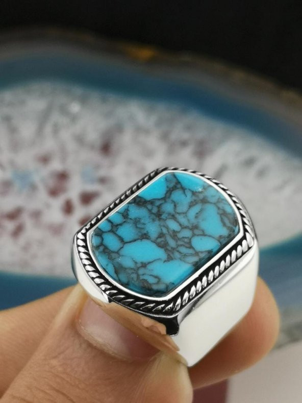 Mavi Firuze Taşlı 925 Ayar Gümüş Yüzük - Resim 4