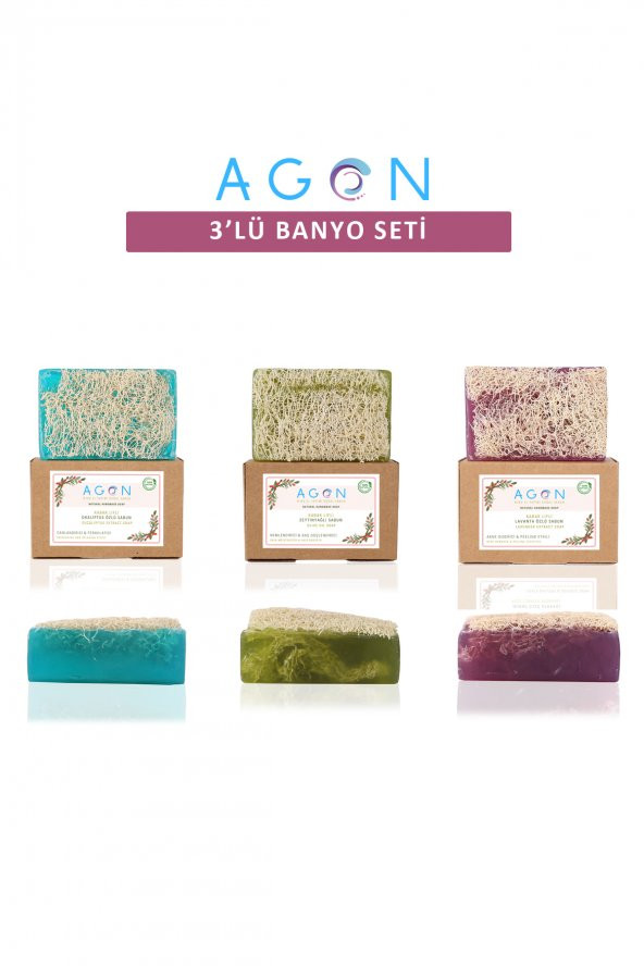 100 El Yapımı Kabak Lifli Doğal Zeytinyağı, Okaliptus ve Lavanta Sabunlu Banyo Seti