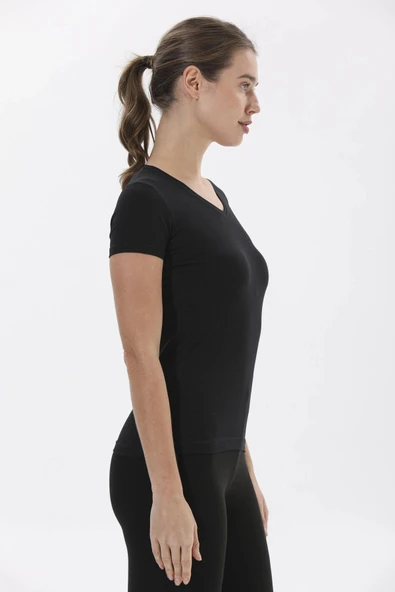 Yıldız 2371 Kadın V Yaka Siyah Kısa Kollu T-shirt - Resim 4