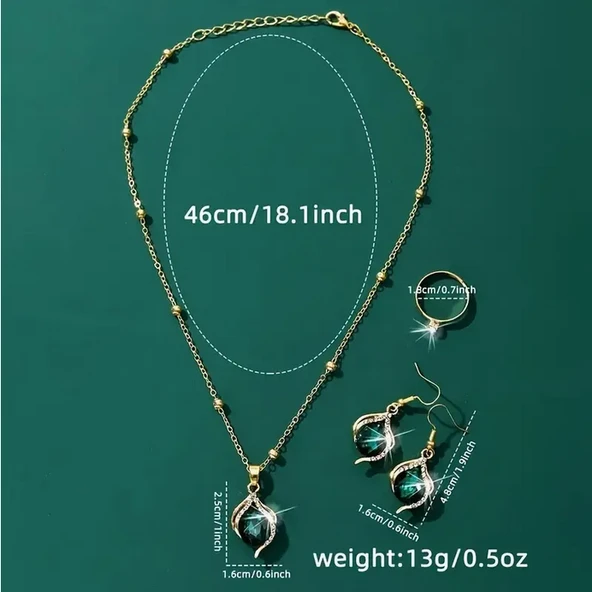 Gold Renk Yeşil Cam ve Alaşımlı Bohem Tarzı Bohem Şıklığını Yansıtan Antialerjik Zarif Takı Seti - Resim 3