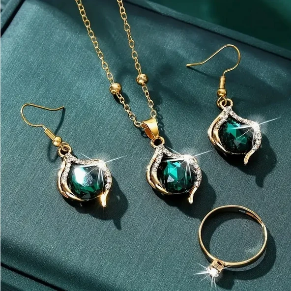 Gold Renk Yeşil Cam ve Alaşımlı Bohem Tarzı Bohem Şıklığını Yansıtan Antialerjik Zarif Takı Seti ürün görseli 1