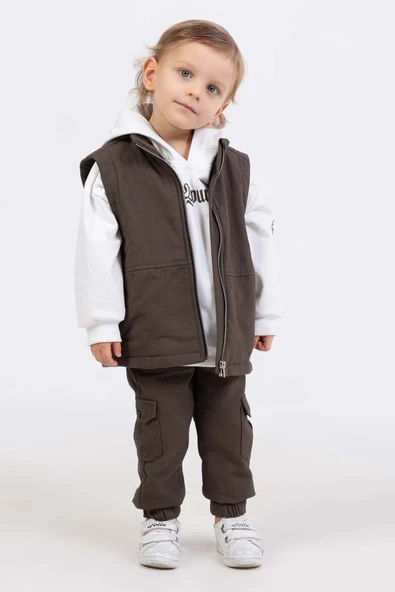 Kapüşonlu Sweatshirtlü Cepli 3 Parça Erkek Çocuk Yelekli Takım - 5