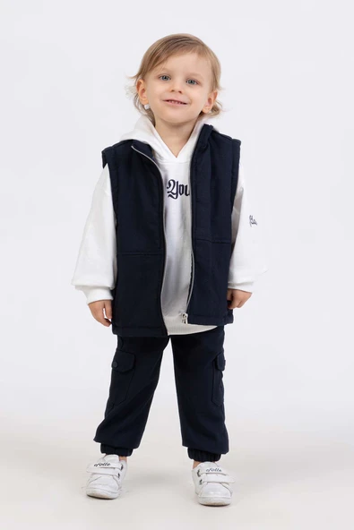 Kapüşonlu Sweatshirtlü Cepli 3 Parça Erkek Çocuk Yelekli Takım - 9