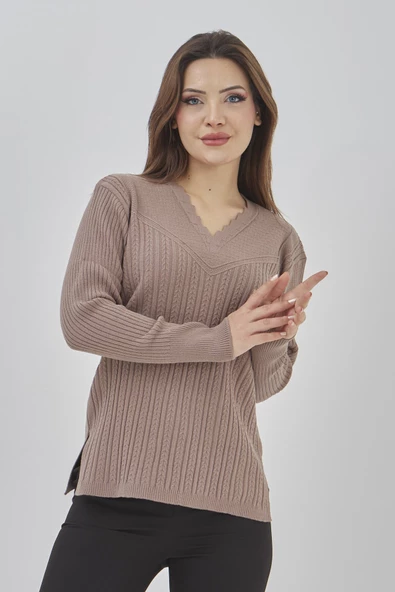 Kadın Triko Esnek V Yaka Uzun Kollu Kışlık Anne Kazak - 2