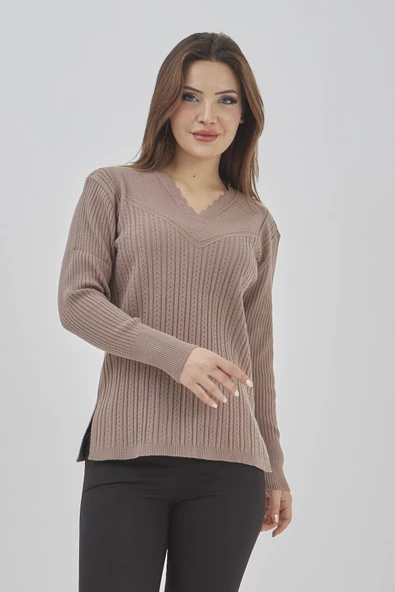 Kadın Triko Esnek V Yaka Uzun Kollu Kışlık Anne Kazak - 7