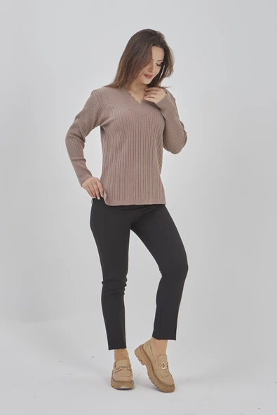 Kadın Triko Esnek V Yaka Uzun Kollu Kışlık Anne Kazak - 3