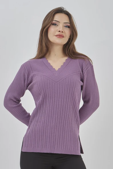 Kadın Triko Esnek V Yaka Uzun Kollu Kışlık Anne Kazak - Resim 11