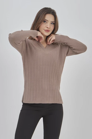 Kadın Triko Esnek V Yaka Uzun Kollu Kışlık Anne Kazak - 6