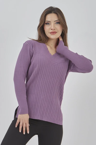 Kadın Triko Esnek V Yaka Uzun Kollu Kışlık Anne Kazak - 10