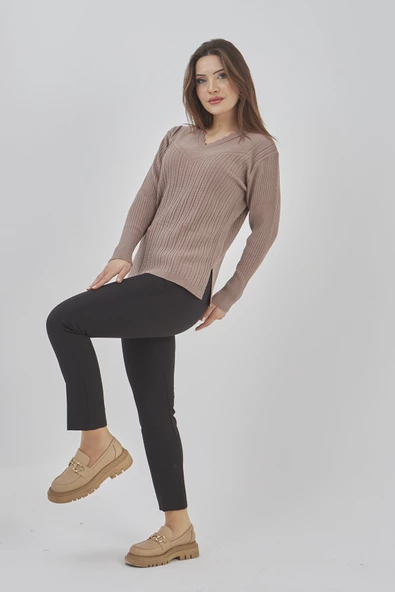 Kadın Triko Esnek V Yaka Uzun Kollu Kışlık Anne Kazak - 4