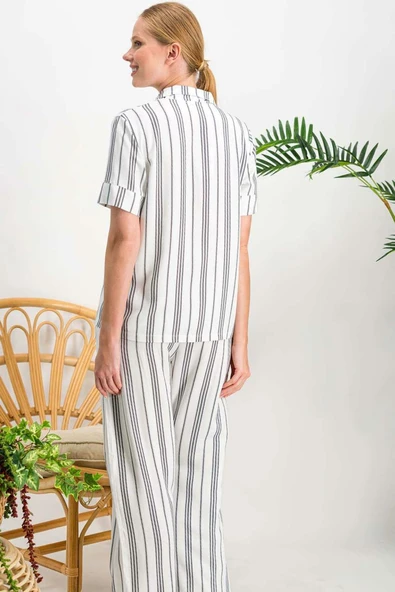 Arnetta 718 Lines Krem Düğmeli Kadın Gömlek Pijama Takımı - Resim 4