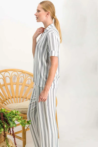 Arnetta 718 Lines Krem Düğmeli Kadın Gömlek Pijama Takımı - Resim 3