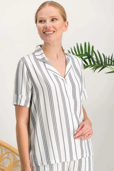 Arnetta 718 Lines Krem Düğmeli Kadın Gömlek Pijama Takımı - Resim 2