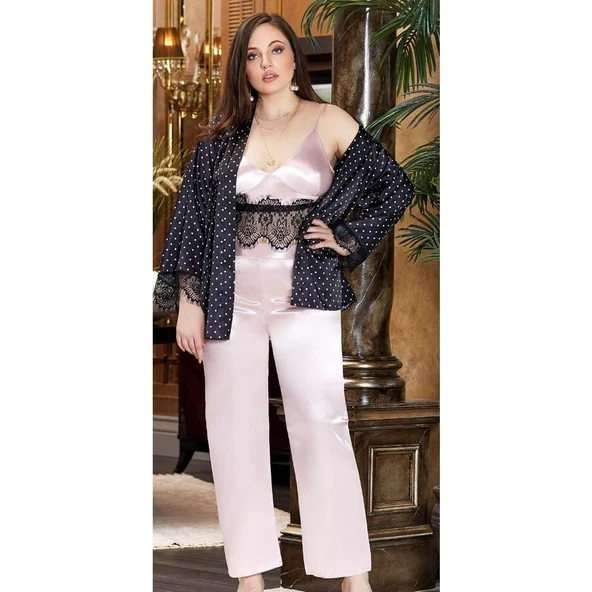 Jeremi 3245 İpek Saten Battal Üçlü Uzun Askılı Pijama Takımı ürün görseli