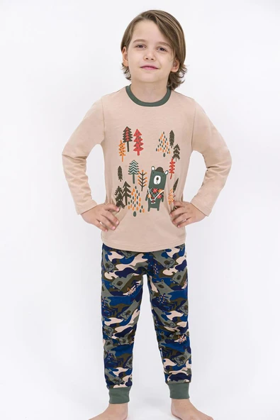 RolyPoly 1830 2-8 Yaş Bear Kamuflaj Koyu Bej Erkek Çocuk Pijama Takımı