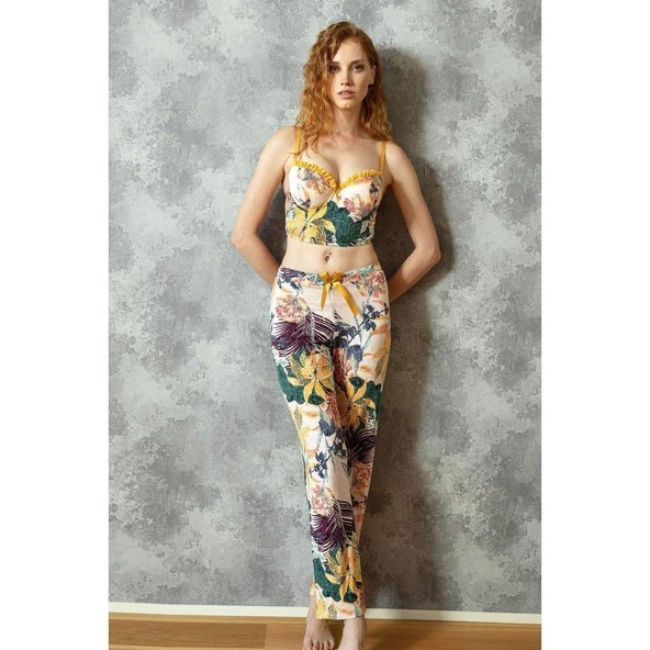 Anıl 4157 Kadın Yaprak Desenli Viskon Büstiyer Pijama Takım - 1