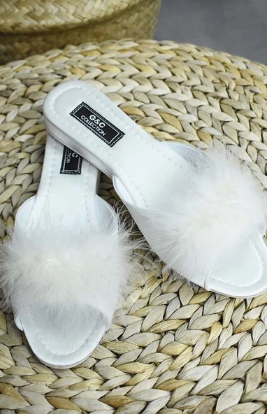 G&C Kadın Topuksuz Tüylü Çeyiz Gelin Terlik - 6