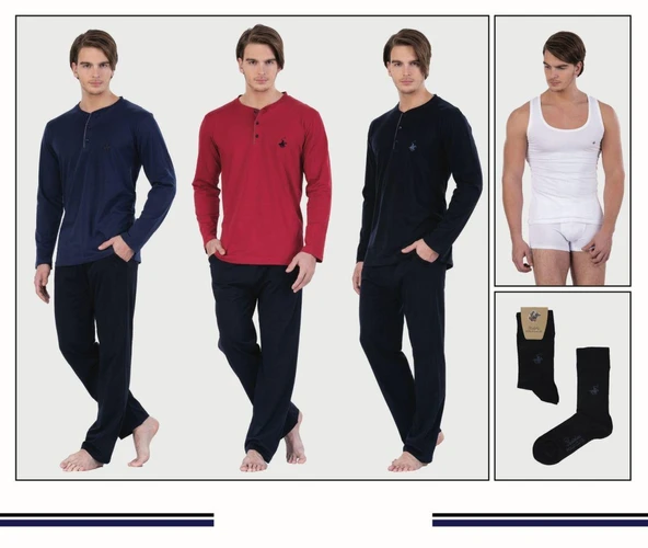 Polo Club Erkek Damat Uzun Kol Pijama Takım Atlet Boxer Çorap Kutulu Set - 4