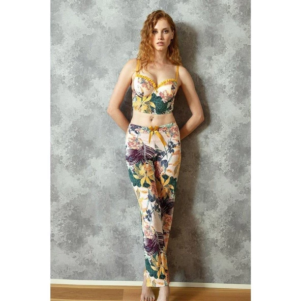 Anıl 4157 Kadın Yaprak Desenli Viskon Büstiyer Pijama Takım