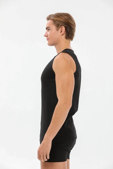 Yıldız 11 Siyah Erkek %100 Pamuk Sıfır Kollu Bisiklet Yaka Ribana Rahat Atlet - 4