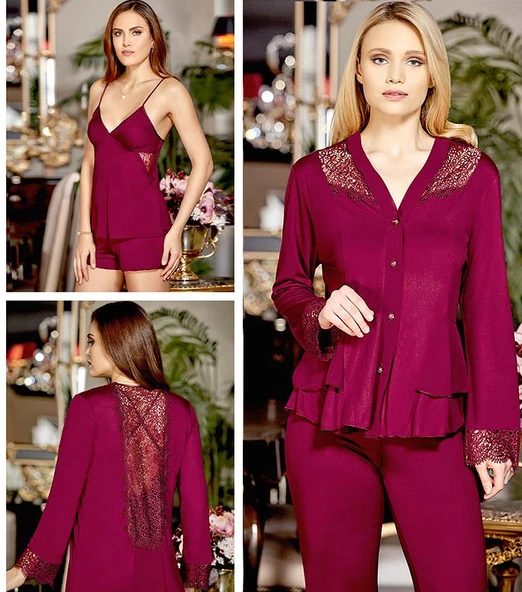 Jeremi 553 6'lı Çeyizlik Penye Dantelli Uzun Gecelik Sabahlık Set - 2