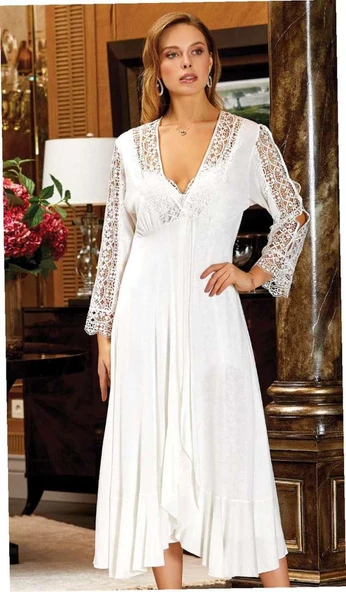 Jeremi 575 6'lı Penye Dantelli Uzun Gecelik Sabahlık Takımı