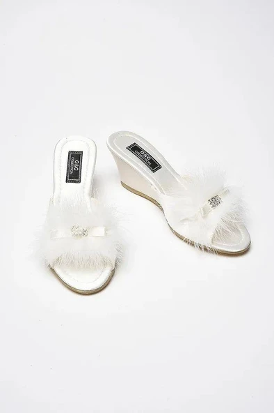 G&C Kadın Tüylü Taşlı Gelin Çeyizlik Ev Terliği - 6