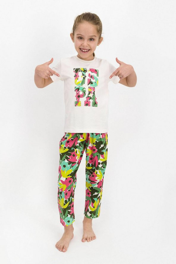 U.S Polo Assn 862 Lisanslı Floral Pattern Kız Çocuk Kısa Kol Pijama Takımı