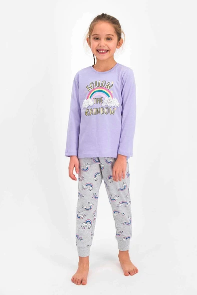 Roly Poly 2455 Kız Çocuk Follow The Rainbow Lila Uzun Kol Pijama Takımı - Resim 2