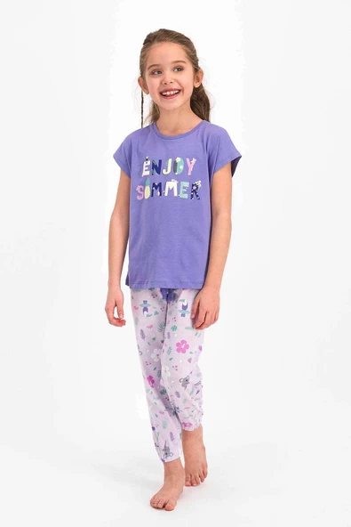 Roly Poly 2476 Kız Çocuk Enjoy Summer Mor Kısa Kol Pijama Takımı