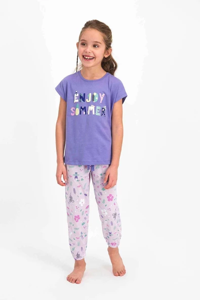 Roly Poly 2476 Kız Çocuk Enjoy Summer Mor Kısa Kol Pijama Takımı - Resim 2