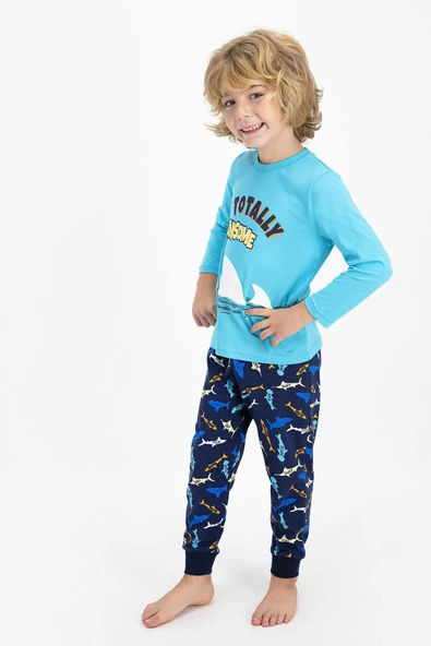 Roly Poly 2357 Totally Jawsome Turkuaz Erkek Çocuk Uzun Kol Pijama Takımı - 2
