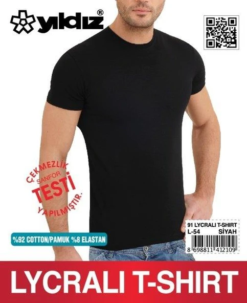 Yıldız 91 Erkek 0 Yaka Pamuklu Terletmez Siyah Likralı Kısa Kollu T-shirt - Resim 2