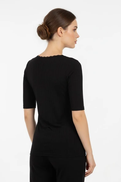 Anıl Kadın Hafif Rahat İnce ve Çok Yumuşak Kısa Kollu Jakarlı Dantelli Sıcak Tutan Termal Üst İçlik - 4