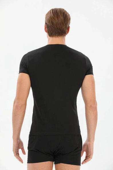 Yıldız 91 Erkek 0 Yaka Pamuklu Terletmez Siyah Likralı Kısa Kollu T-shirt - Resim 6