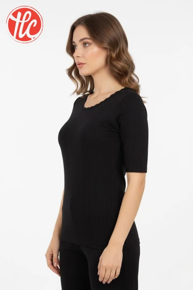 Anıl Kadın Hafif Rahat İnce ve Çok Yumuşak Kısa Kollu Jakarlı Dantelli Sıcak Tutan Termal Üst İçlik - 3